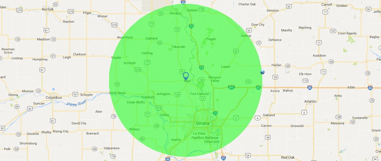 Service area map for Tom's Well Service showing Omaha and surrounding areas